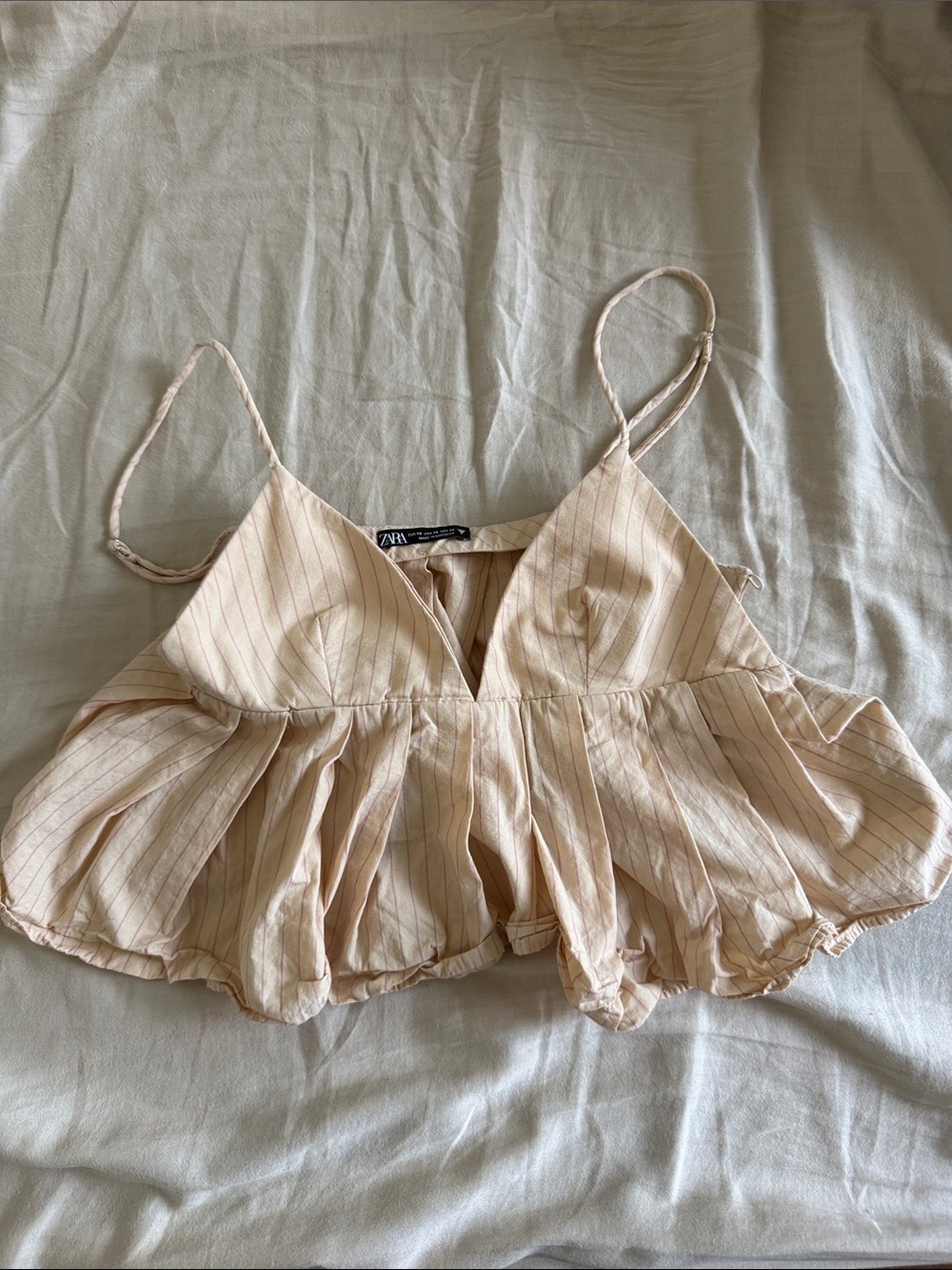 Zara Cream Pinstripe Ruffle Crop Top